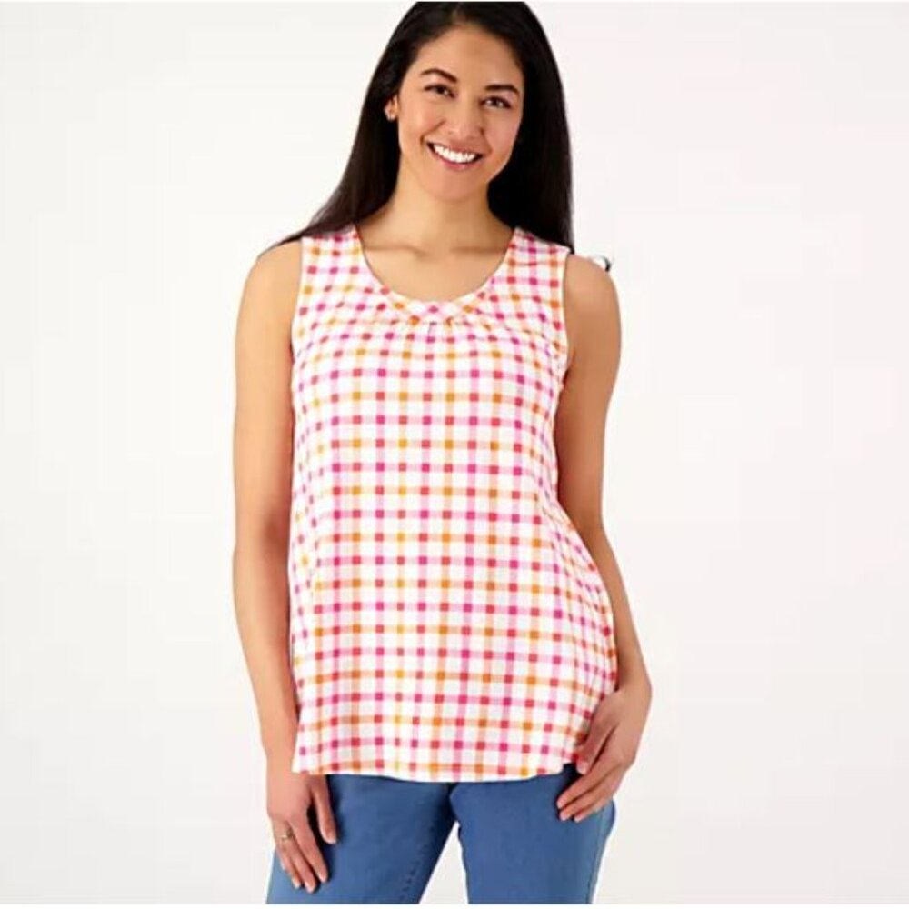 Denim & Co. Printed Favorite Jersey Tank w/ Curved Hem-Pink/Orange-XL